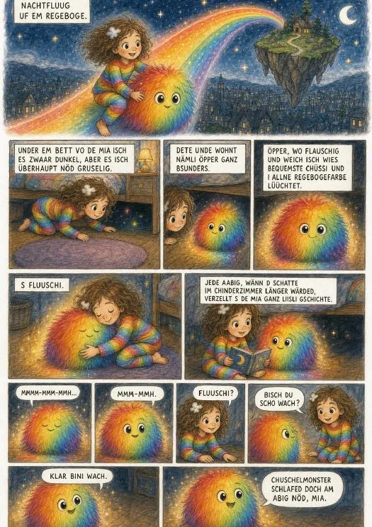 Seite 1 aus dem Bilderbuch «Nachtfluug uf em Regeboge»