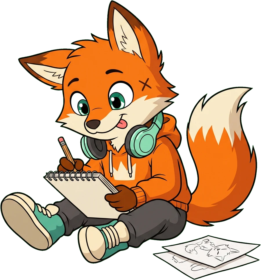 Fab the Fox sitzt am Boden und schreibt in ein Heft
