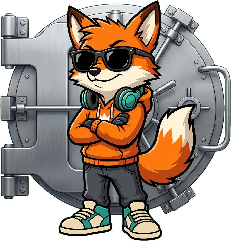 Fab the Fox mit dunkler Sonnenbrille bewacht einen Tresor